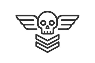 Black and white winged skull emblem above military chevron rank stripes
