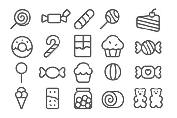 Minimalist line icons collection of assorted candy desserts and sweet snacks