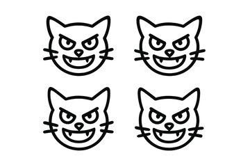 Spooky black line art cat heads with fangs and angry expressions for Halloween