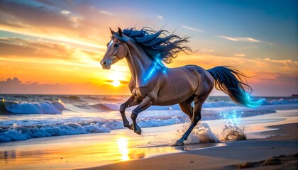 A majestic horse runs on a beach during a vibrant sunset, water reflects golden light, creating a dreamy scene