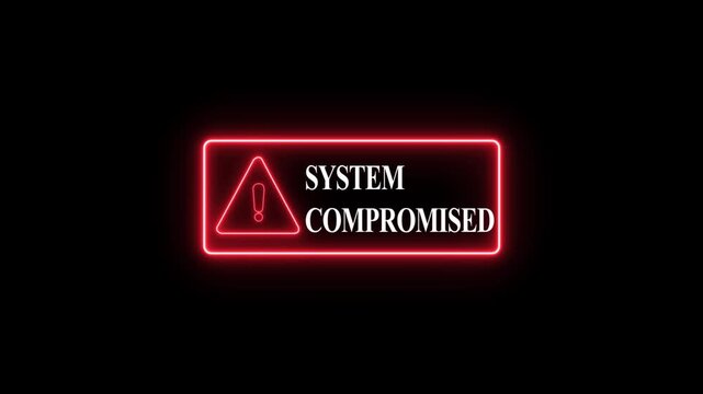 A cybersecurity alert screen showing system compromised warning with red interface Cybersecurity Alert Screen with System Compromised Warning and Red Breach Interface.