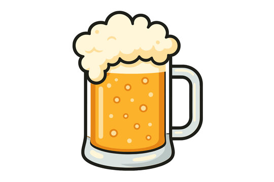 Stylized cartoon beer mug filled with golden lager and thick white foam head