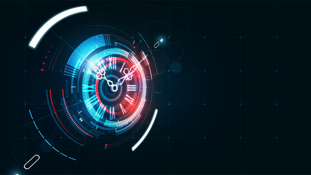 Abstract Futuristic Technology Background with Clock concept and Time Machine, 3d perspective view, Can rotate clock hands, vector illustration	