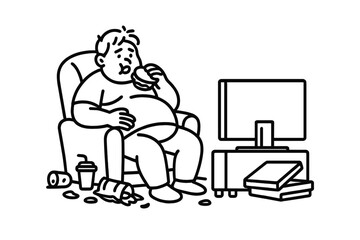 Obese man sitting in armchair eating hamburger while watching TV surrounded by junk food