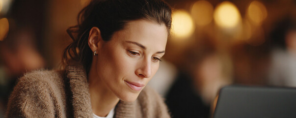 Fototapeta premium Serene portrait of a woman focused on her screen. The soft, warm lighting and cozy sweater evoke a sense of comfort and concentration, perfect for themes of work, study, or lifestyle.