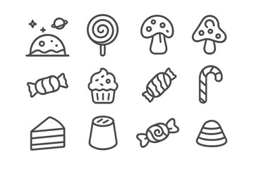 Outline set of sweet desserts, candies, and fantasy elements including lollipops and mushrooms