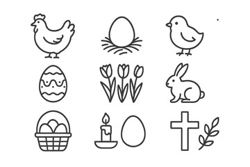 Minimalist outline set of Easter symbols including eggs, bunny, chick, hen, cross, and spring flowers