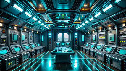 Futuristic sci-fi spaceship bridge with advanced control panels