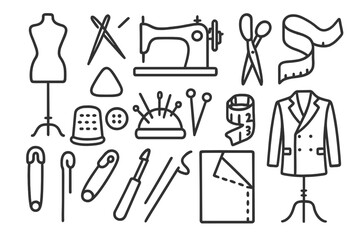 Essential sewing and tailoring tools including machine, scissors, pins, thimble, and mannequin