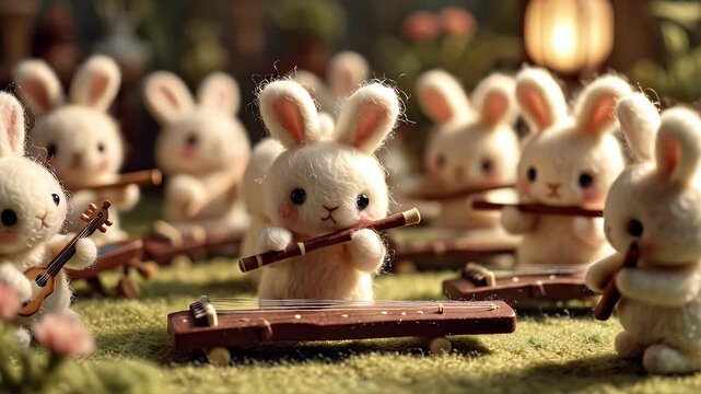Bunny musicians playing instruments in a decorative setting