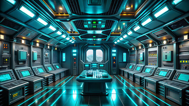 Futuristic sci-fi spaceship bridge with advanced control panels - Powered by Adobe