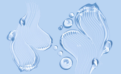 Pure transparent cosmetic gel drops and smears on blue background, skin care glycerin texture. top view
