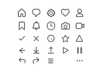 Minimalist outline icons for user interface design featuring home, settings, camera, and arrows