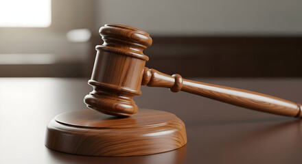 A wooden judge's or auctioneer's gavel and sound block resting on a polished table with a blurred background.