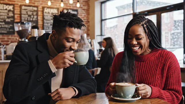 Young Black couple on a coffee date talking and smiling. Man and woman enjoying a warm drink in a cozy cafe during winter. Romance and connection concept