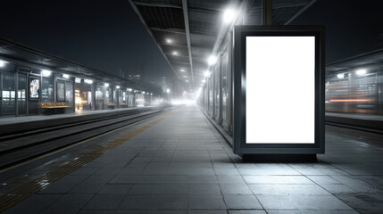 Empty advertising billboard at a train station at night with blurred lights. A blank advertising display stands in a train station, ready for a promotional message or advertisement