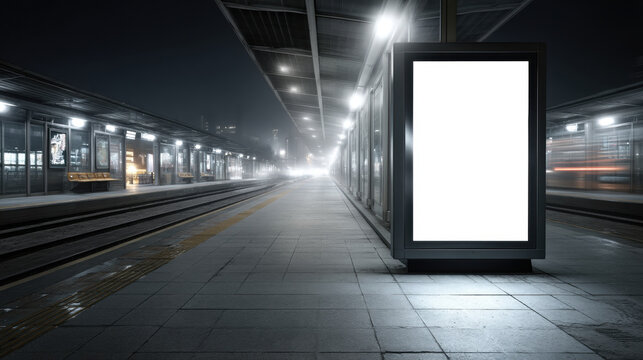 Empty advertising billboard at a train station at night with blurred lights. A blank advertising display stands in a train station, ready for a promotional message or advertisement