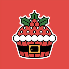 Christmas Cupcake Illustration with Santa Suit Wrapper and Holly Topping