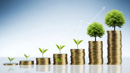 Investment concept illustrating compounding returns and economic development with nature and money