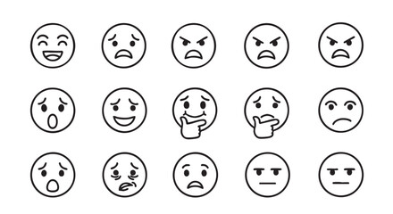 Collection of diverse monochrome outline emoticons expressing various feelings and reactions