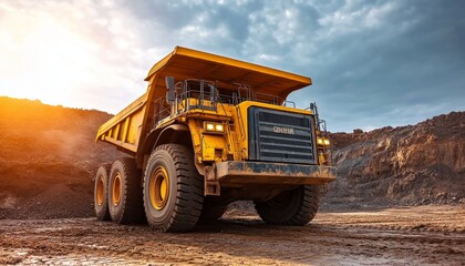Massive Yellow Haulage Dump Trucks Operating in Expansive Surface Mining Quarry with Dusty Terrain