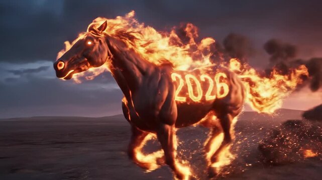 A running horse on fire with the year 2026 glowing on its side. Mythical animation for the Chinese zodiac Year of the Fire Horse. Fantasy concept of power and speed