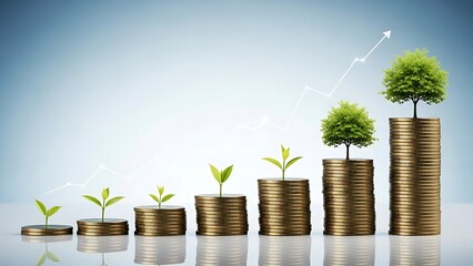 Financial growth visualized: seedlings progressing to trees atop increasing stacks of shiny silver coins