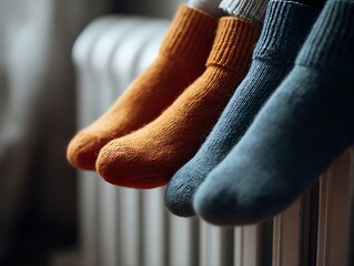 Warm feet in orange and blue socks held close to a radiator, emphasizing cold-season heating, energy-efficient warming and practical winter home routines. Cinematic tones and minimal framing