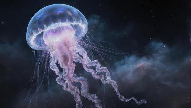 Bioluminescent Jellyfish Floating Gracefully in Dark Ocean Depths.