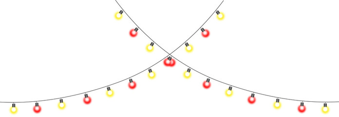 Vector set of realistic glowing colorful hanging christmas lights in seamless pattern. Christmas garland with multicolored glowing bulbs isolated on transparent background