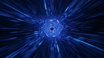 Futuristic journey through a glowing blue hexagonal tunnel. Fast-paced digital animation of a cyberspace wormhole. Abstract technology background - Powered by Adobe