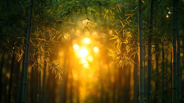 Sunlight filtering through bamboo forest creating a serene golden glow during sunset - Powered by Adobe