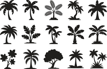 Silhouette Palm Tree Icons Set. Tropical, Beach, Palm, Island Vector Illustration