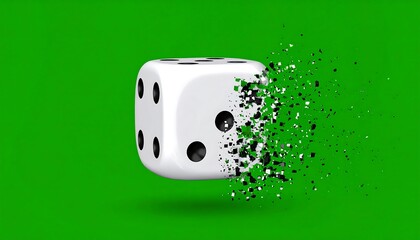 A die fractures into tiny pieces against a vibrant green background, revealing a dynamic sense of fragmentation
