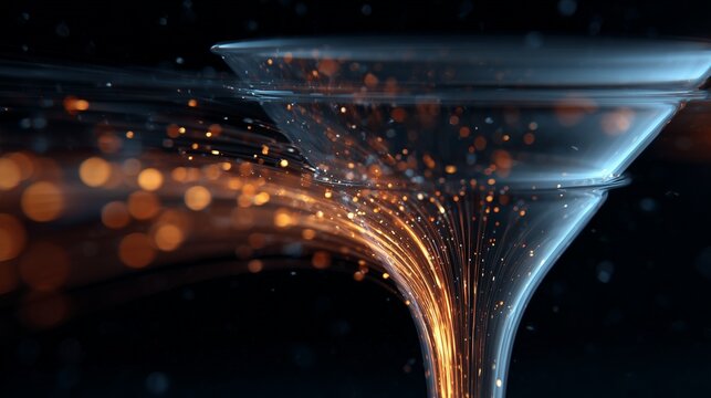 Abstract funnel of glowing particle flow into a martini-like glass, symbolizing conversion optimization and lead funneling in digital marketing.