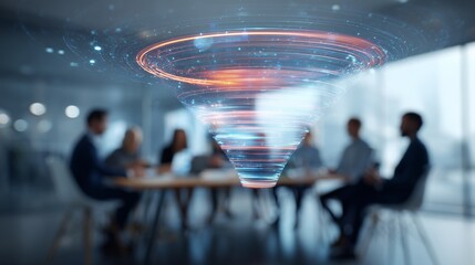 Business team in meeting around table reviewing holographic funnel visualization representing conversion optimization improvement meeting and strategy.