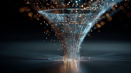 Futuristic data funnel visualizing conversion optimization data, glowing particle stream flowing into a funnel over reflective surface, symbolizing lead capture and insight.
