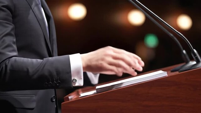 A speaker's nervous hands at a wooden lectern before a speech. A man in a suit prepares for a presentation at a conference. Public speaking concept