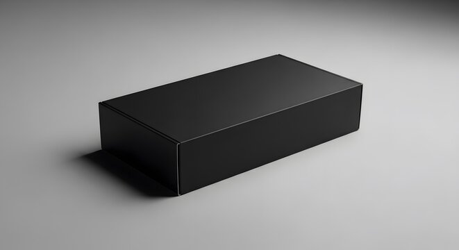 Sleek black rectangular product box mockup on a clean gray background, a versatile template for branding and packaging design