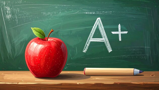 A shiny red apple sits next to an "A+" grade on a green chalkboard, with a pencil on a wooden ledge