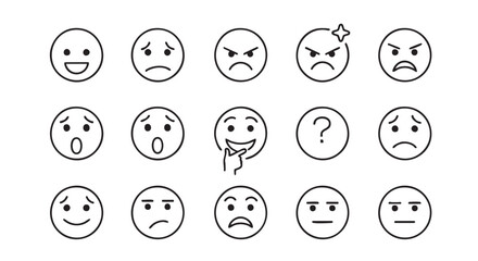 Collection of emoticons depicting different emotions expressions and feelings on white background