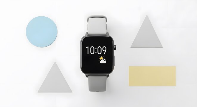 Modern Smartwatch Displaying Time and Weather on a Clean Background with Geometric Shapes - Powered by Adobe