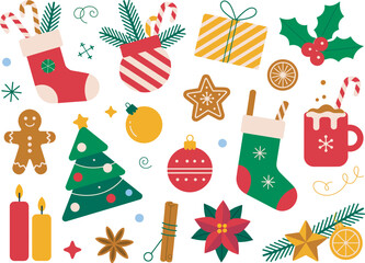 Festive Christmas vector illustration set featuring traditional holiday decorations and treats perfect for greeting cards and seasonal designs