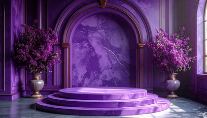 A purple room with a stage and flowers