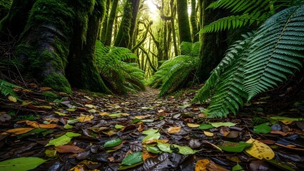 Dense Woodland With Dewy Ferns and Mossy Canopy