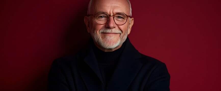 Senior man with glasses smiles warmly against a rich red background while wearing a dark jacket