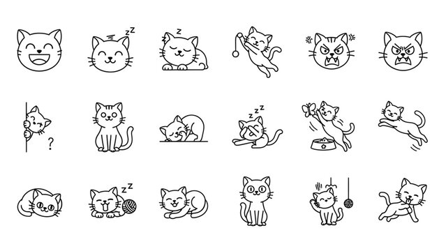 Charming collection of line art cat icons showcasing various feline emotions, playful actions, and cute poses, perfect for digital design and pet-themed projects