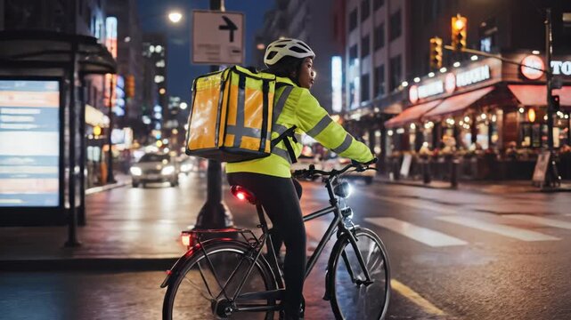 A female food delivery courier rides her bicycle through the city at night. Gig economy worker with a backpack delivering an order. Urban transportation and courier service concept