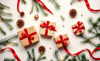 Christmas gift boxes on white background with fir branches pine cones red ribbon xmas and happy new year theme flat lay top view christmas background christmas holiday background winter decoration cel
