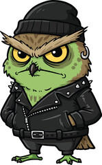 Tough Green Cartoon Owl Character in a Black Beanie and Studded Leather Biker Jacket.